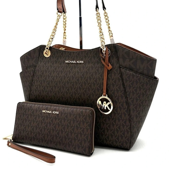 Michael Kors Large Jet Set Travel Chain Shoulder Bag & Continental Wallet Brown - Picture 1 of 15